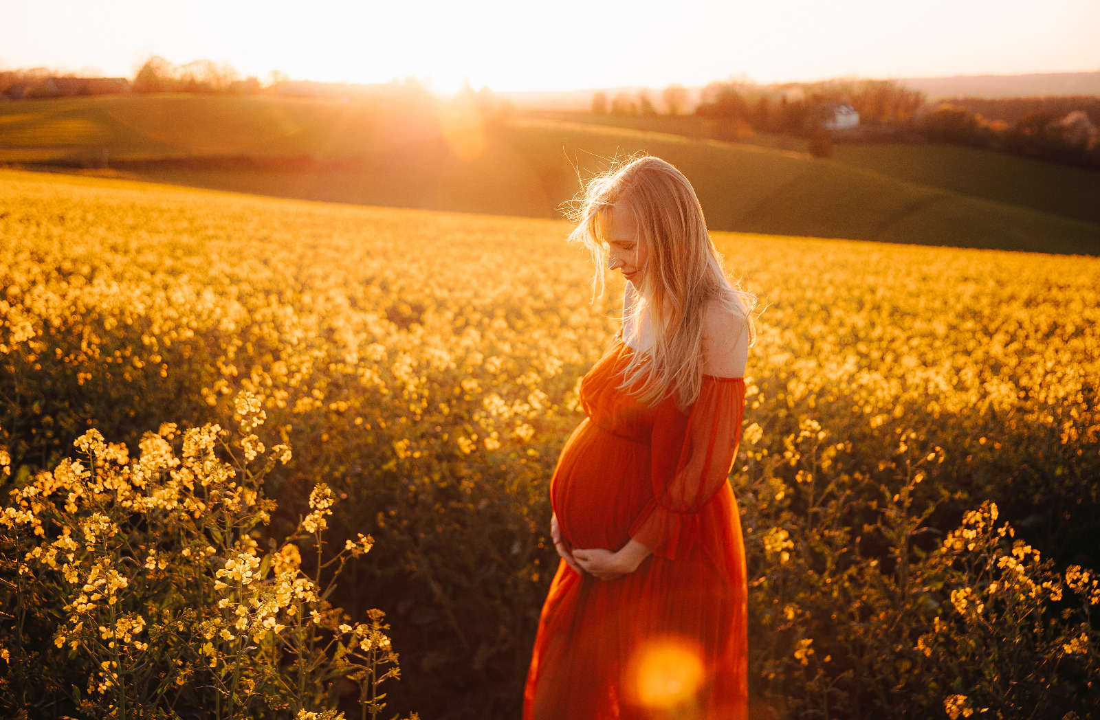 Babybauchbilder auf dem Rapsfeld im Sonnenuntergang